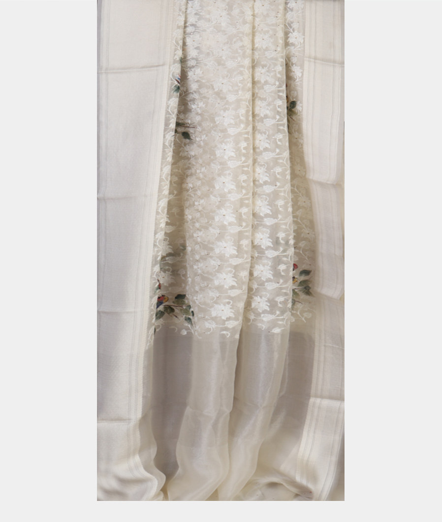 White Kora Organza Embroidery Saree T4326752