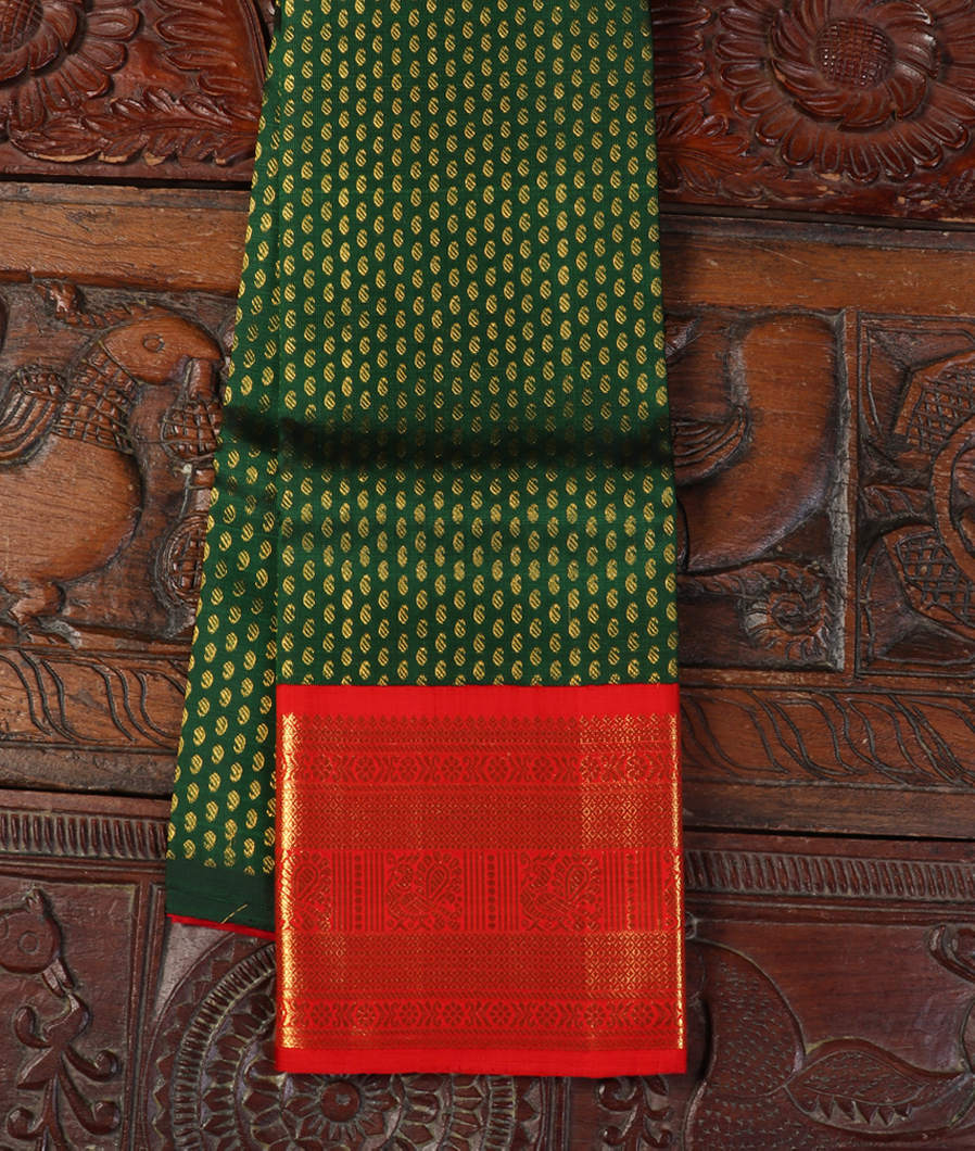 Bottle Green Handwoven Kanjivaram Silk Kids Pavadai T387191-image