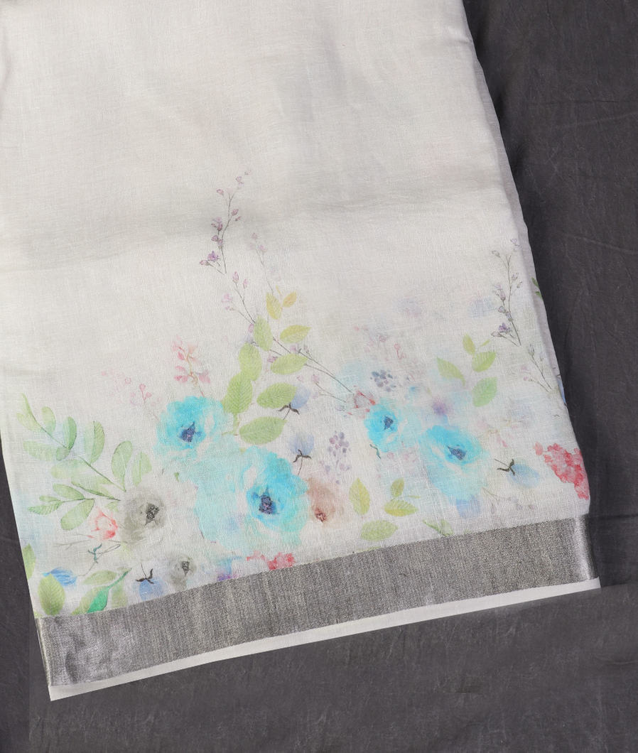 White Linen Printed Saree T438600-image