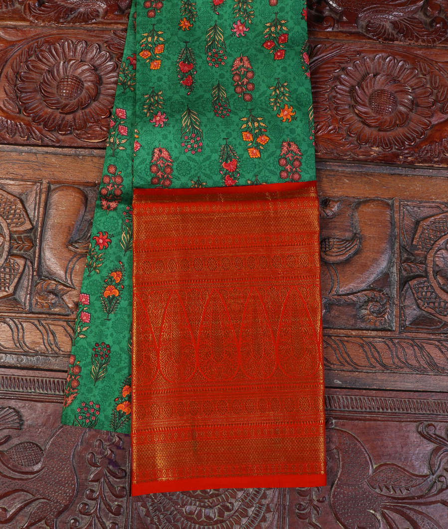 Green Printed Kanjivaram Silk Pavadai T170130-image