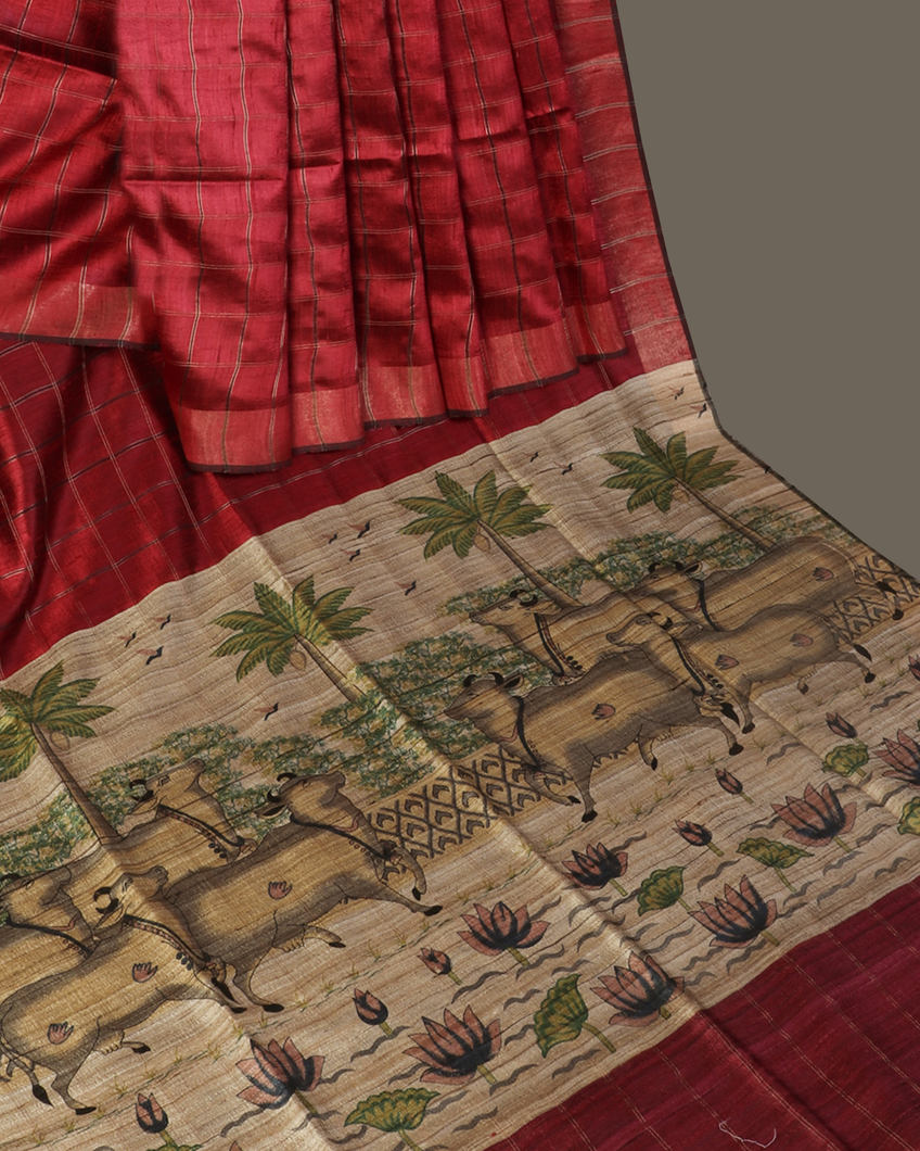 Red Tussar Printed Saree T4378172