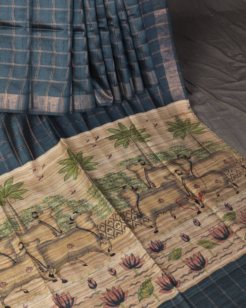 Blue Tussar Printed Saree T4378132