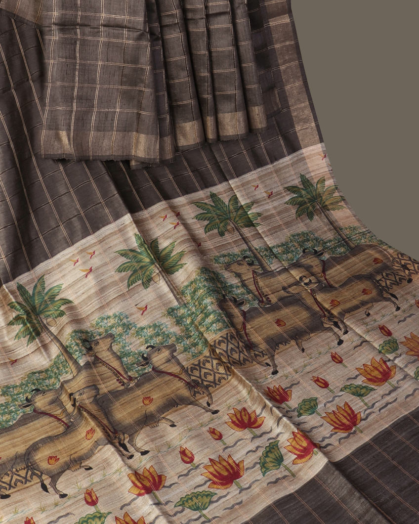 Grey Tussar Printed Saree T4378162