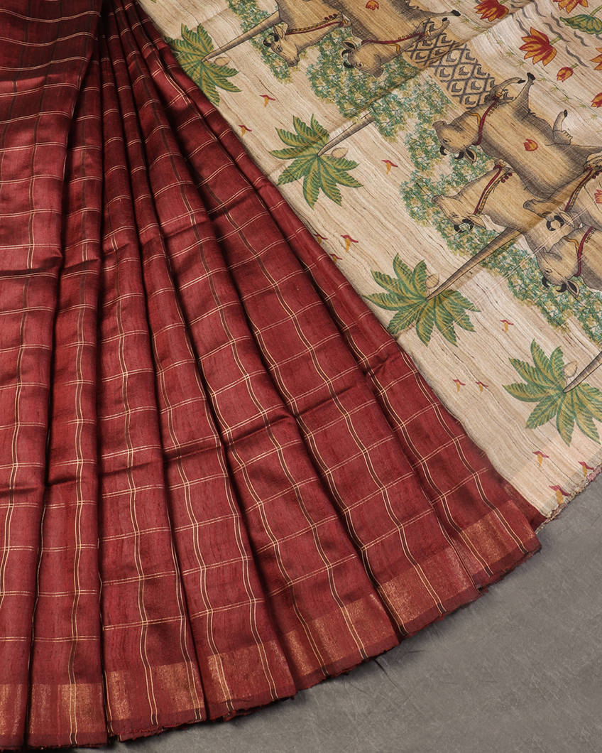 Maroon Tussar Printed Saree T437815-image