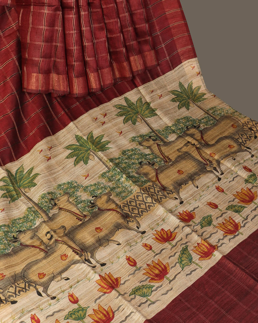 Maroon Tussar Printed Saree T4378152