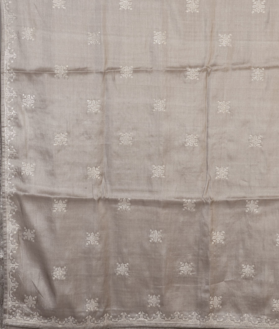 Grey Tussar Embroidery Saree T4305434