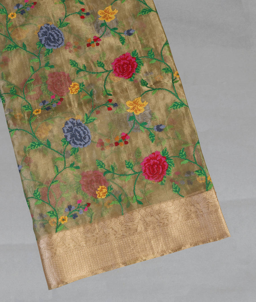 Gold Kora Tissue Organza Embroidery Saree T432672-image