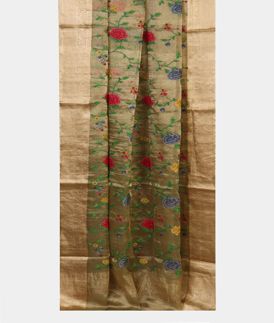 Gold Kora Tissue Organza Embroidery Saree T4326722