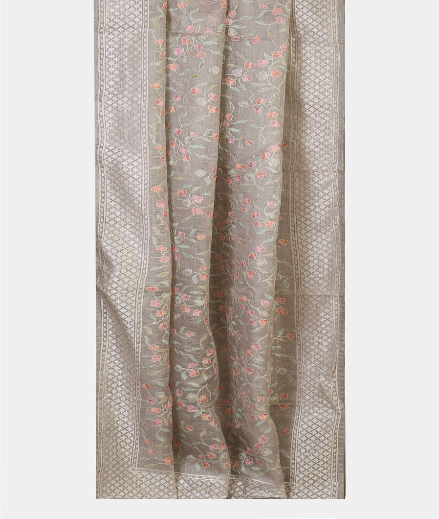 Grey Silk Kota Embroidery Saree T3973142