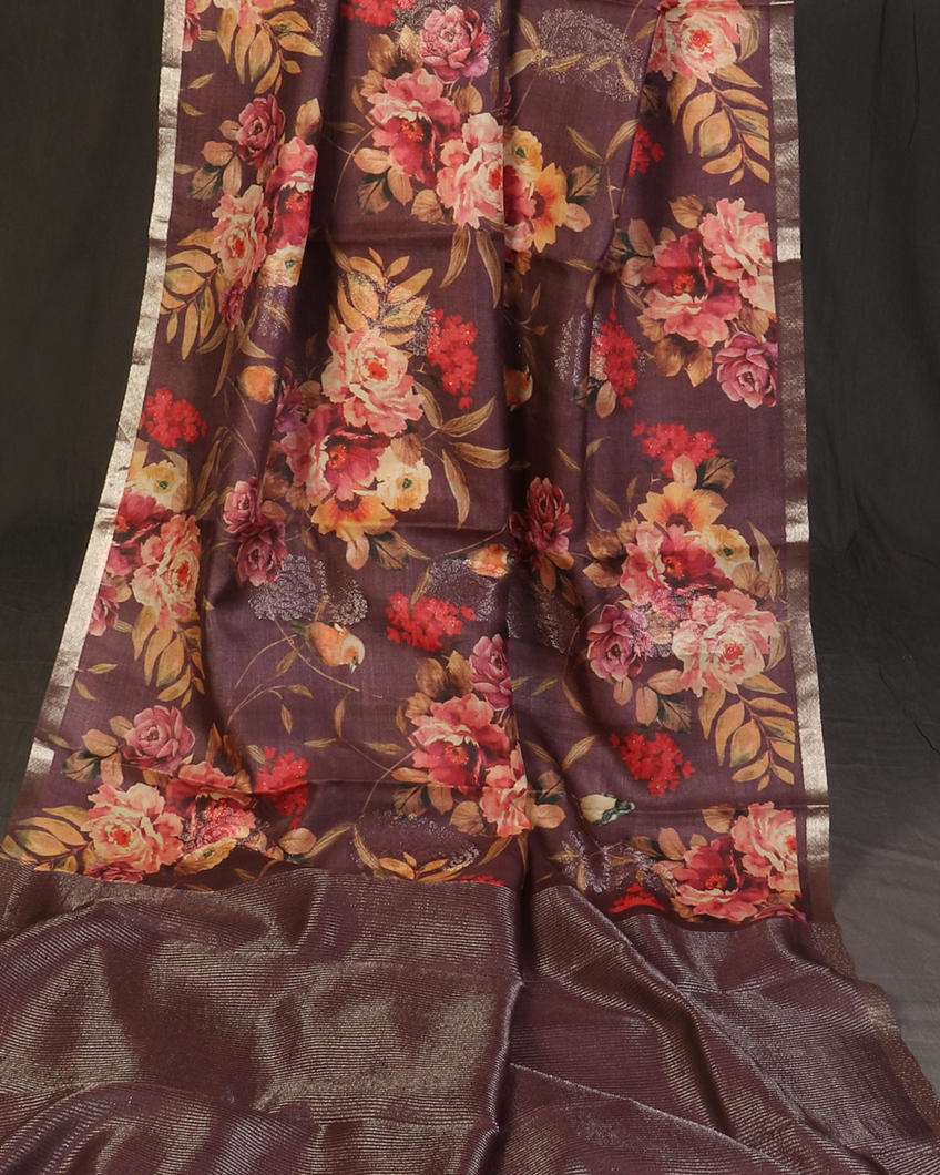 Purple Tussar Printed Saree T4389083