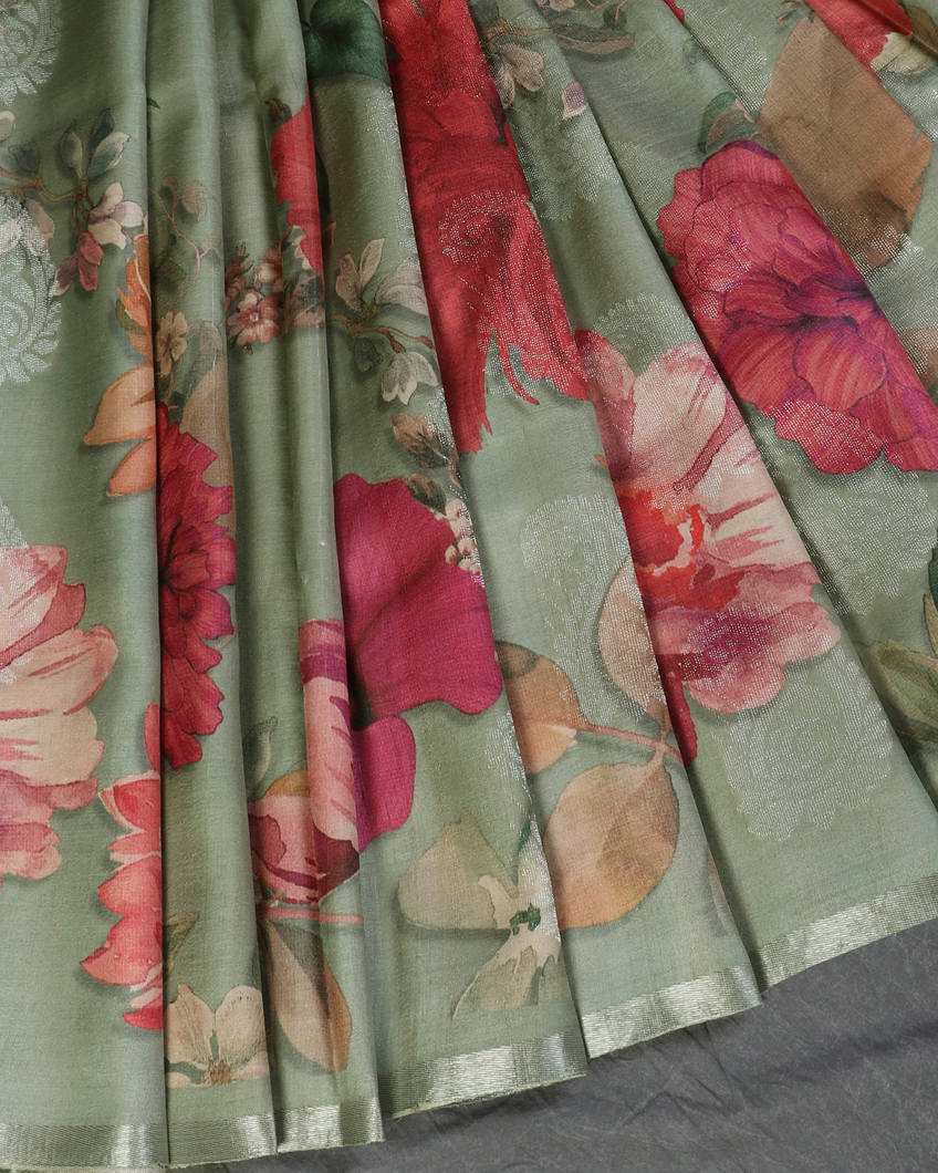 Green Tussar Printed Saree T4389182