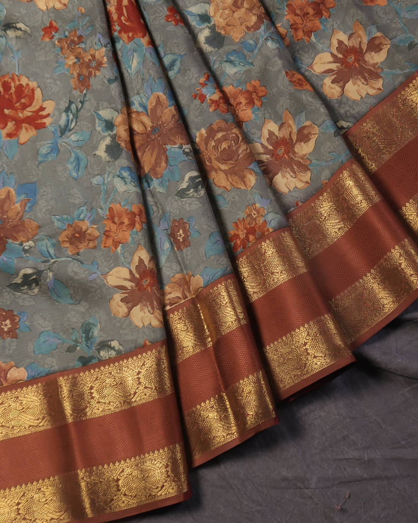 Grey Printed Kanjivaram Silk Saree T4168634