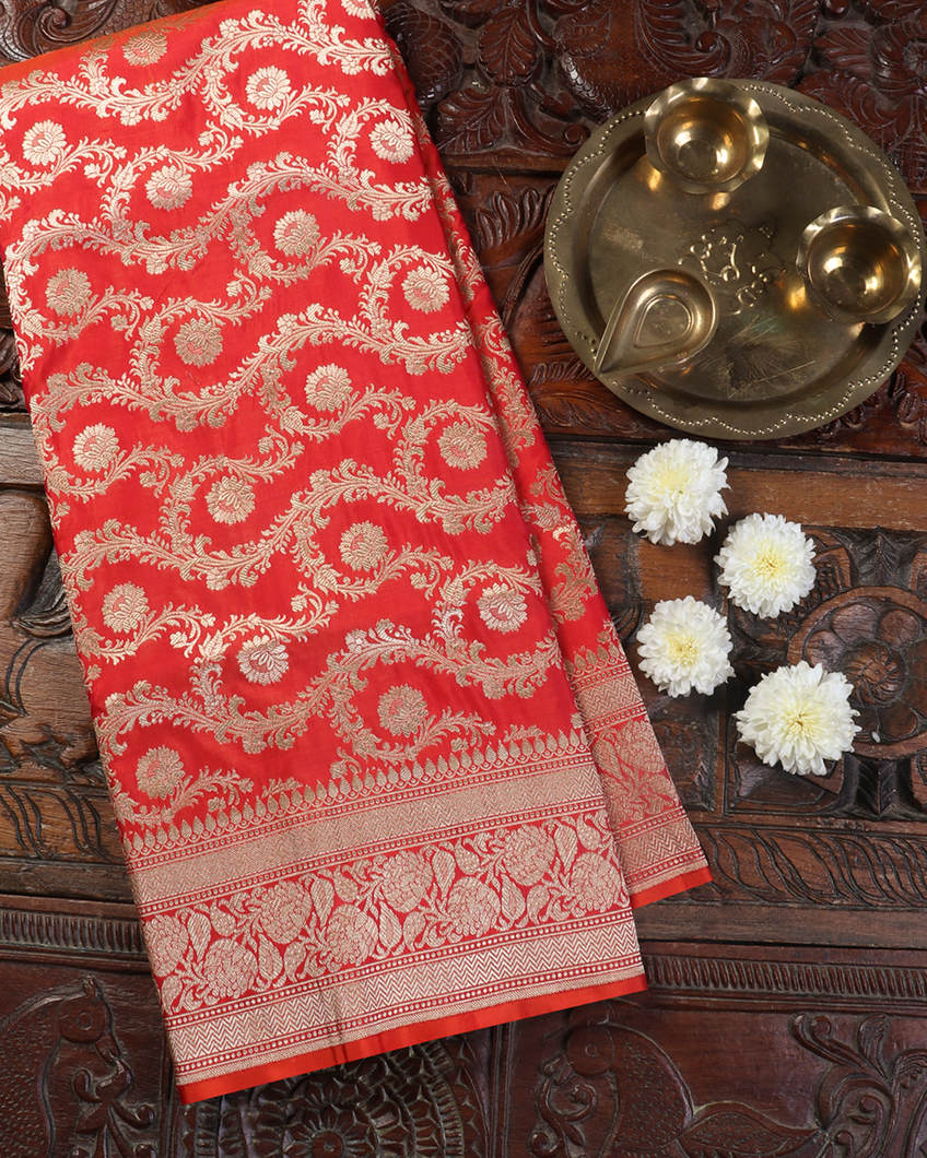 Orangish Pink Banaras Silk Saree T425221-image