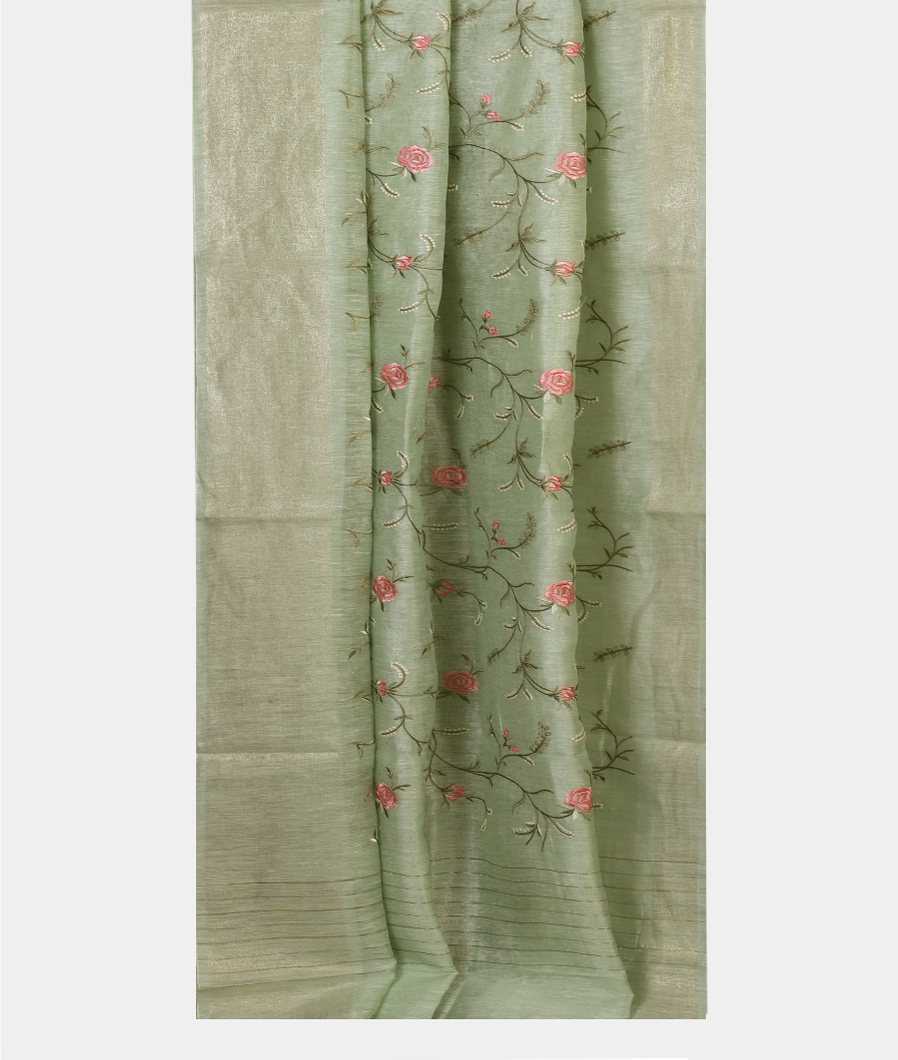 Green Linen Embroidery Saree T4391432