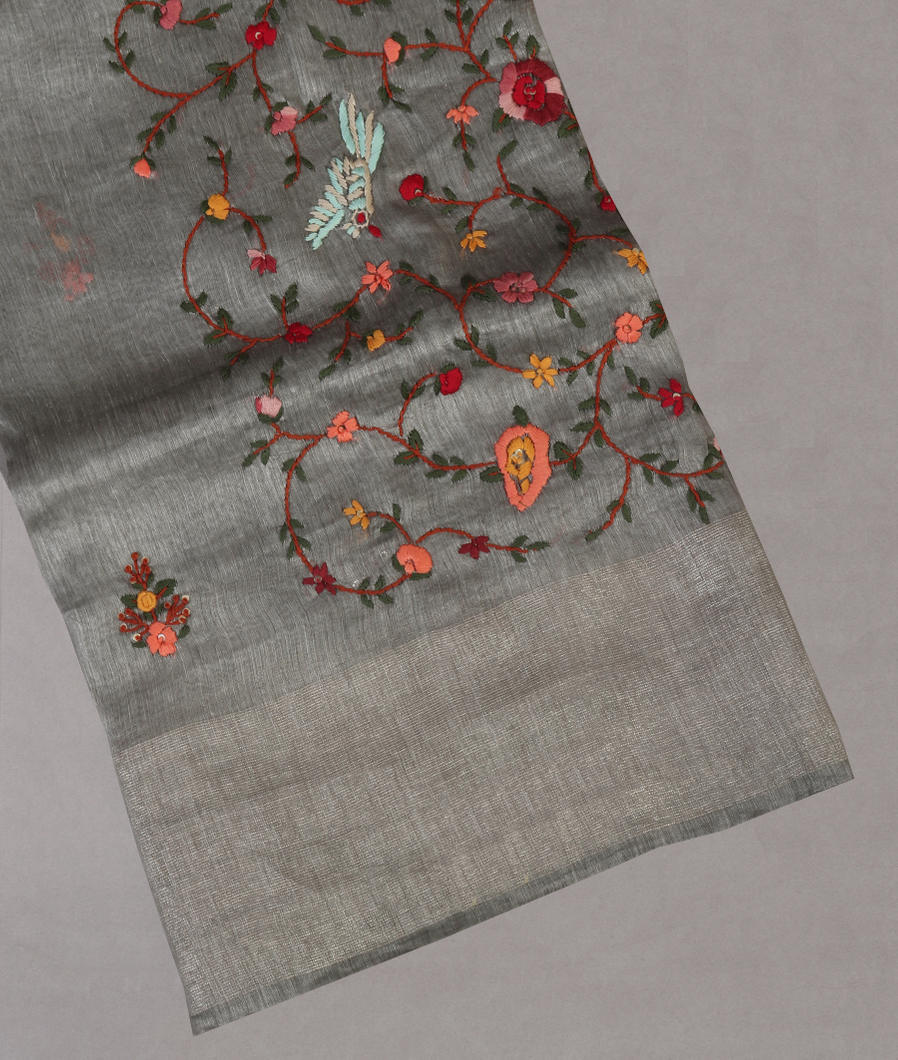 Grey Linen Embroidery Saree T439868-image