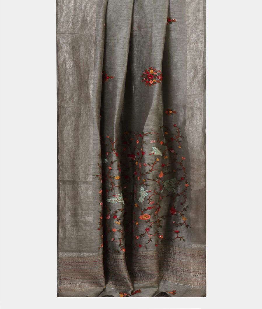 Grey Linen Embroidery Saree T4398682
