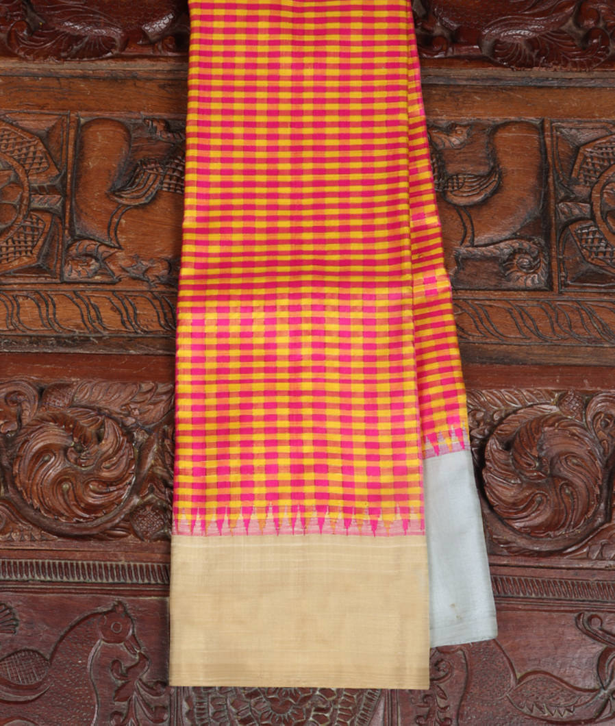 Pink and Yellow Handwoven Kanjivaram Silk Saree T80875-image