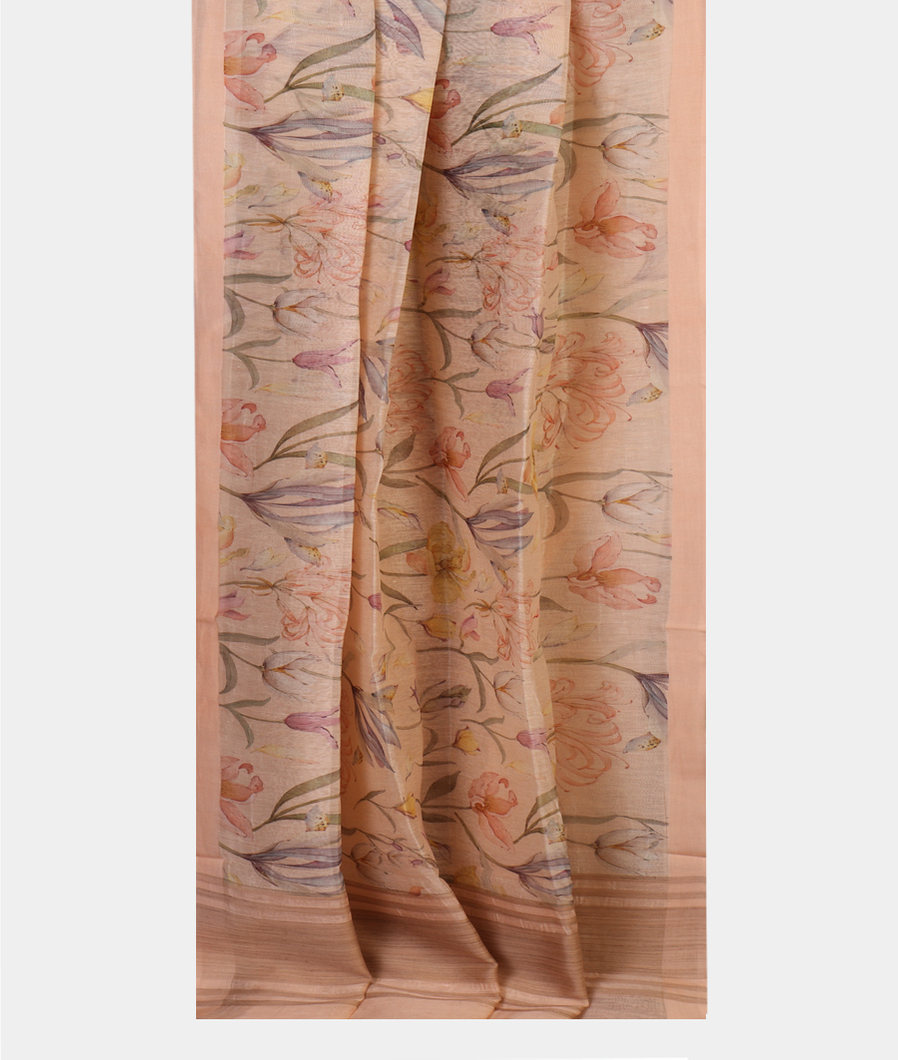 Light Peach Linen Printed Saree T4413072