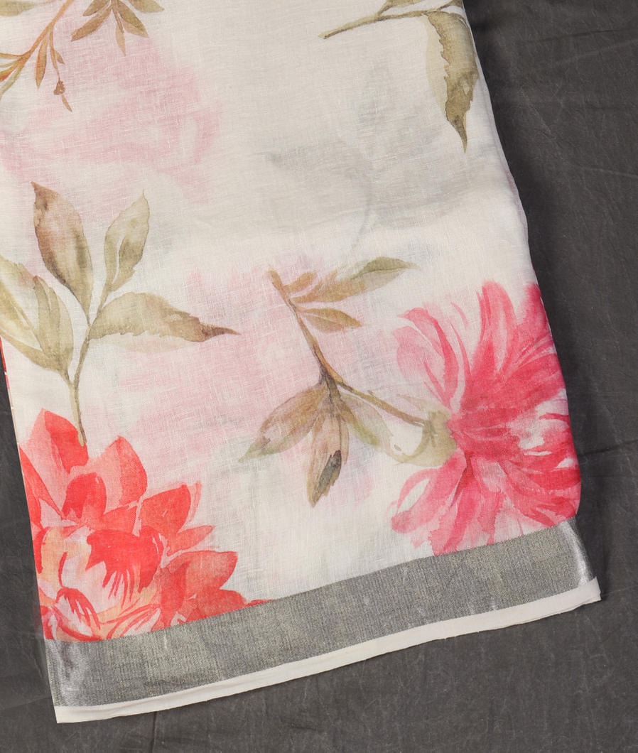 White Linen Printed Saree T444236-image