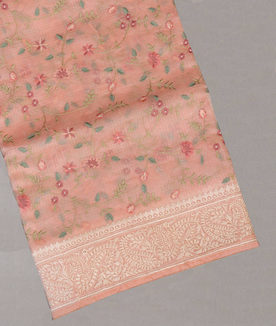 Peach Silk Kota Embroidery Saree T384040-image