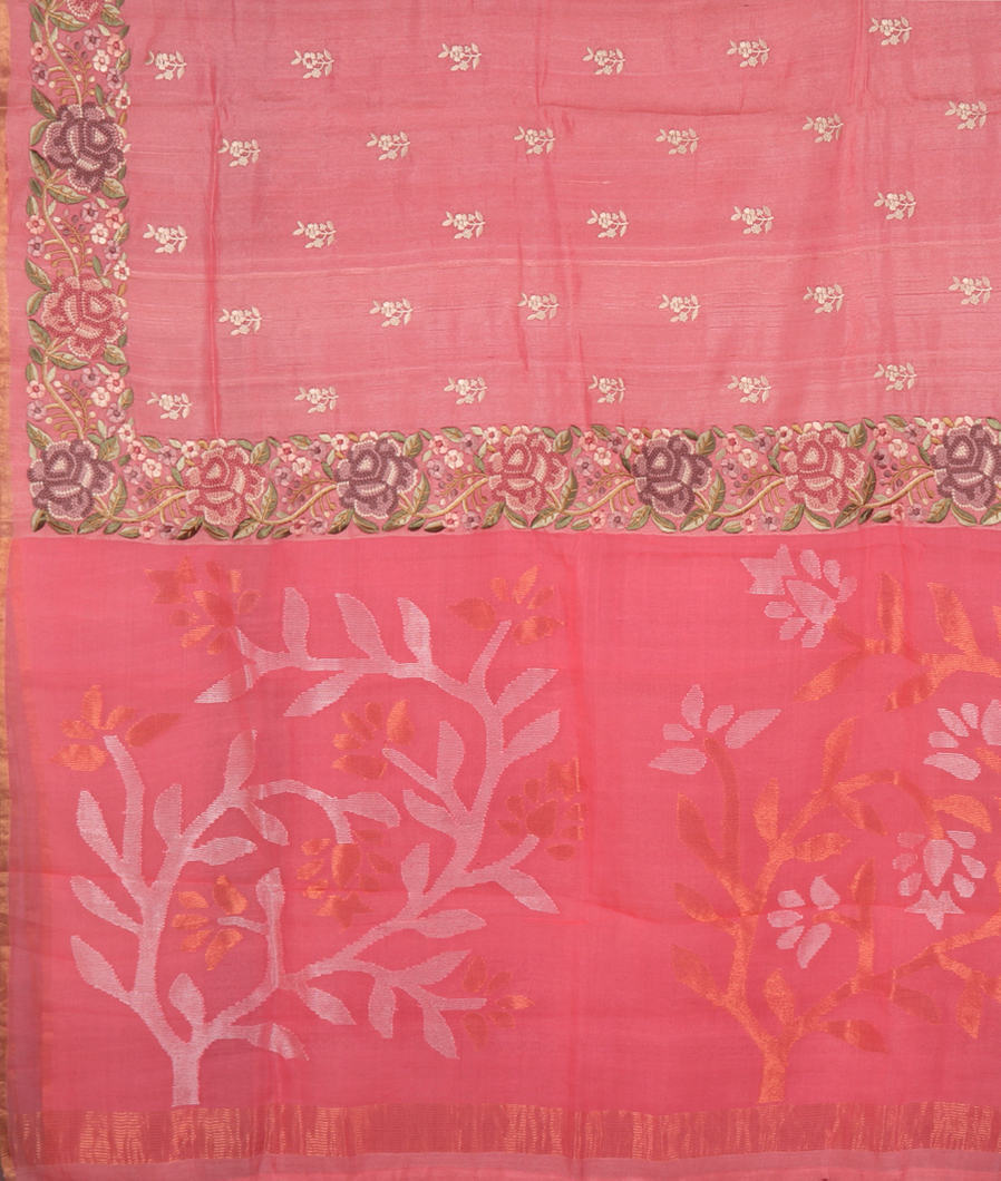Pink Tussar Embroidery Saree T3666574