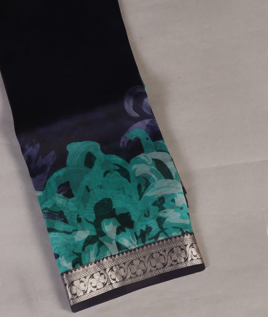 Midnight Blue Kora Organza Printed Saree T437657-image