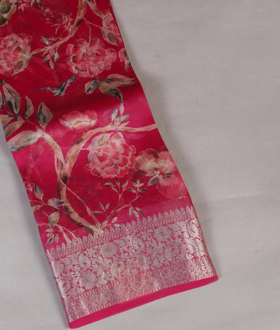 Reddish Pink Kora Organza Printed Saree T430439-image