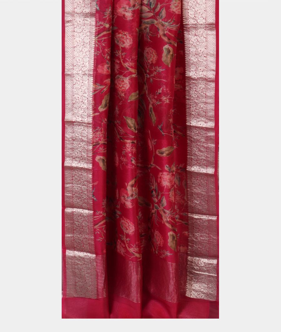 Reddish Pink Kora Organza Printed Saree T4304392