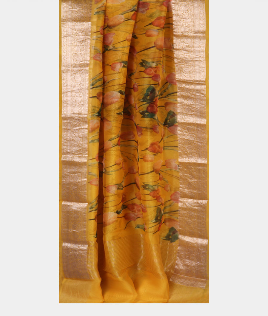 Yellow Kora Organza Printed Saree T4376672