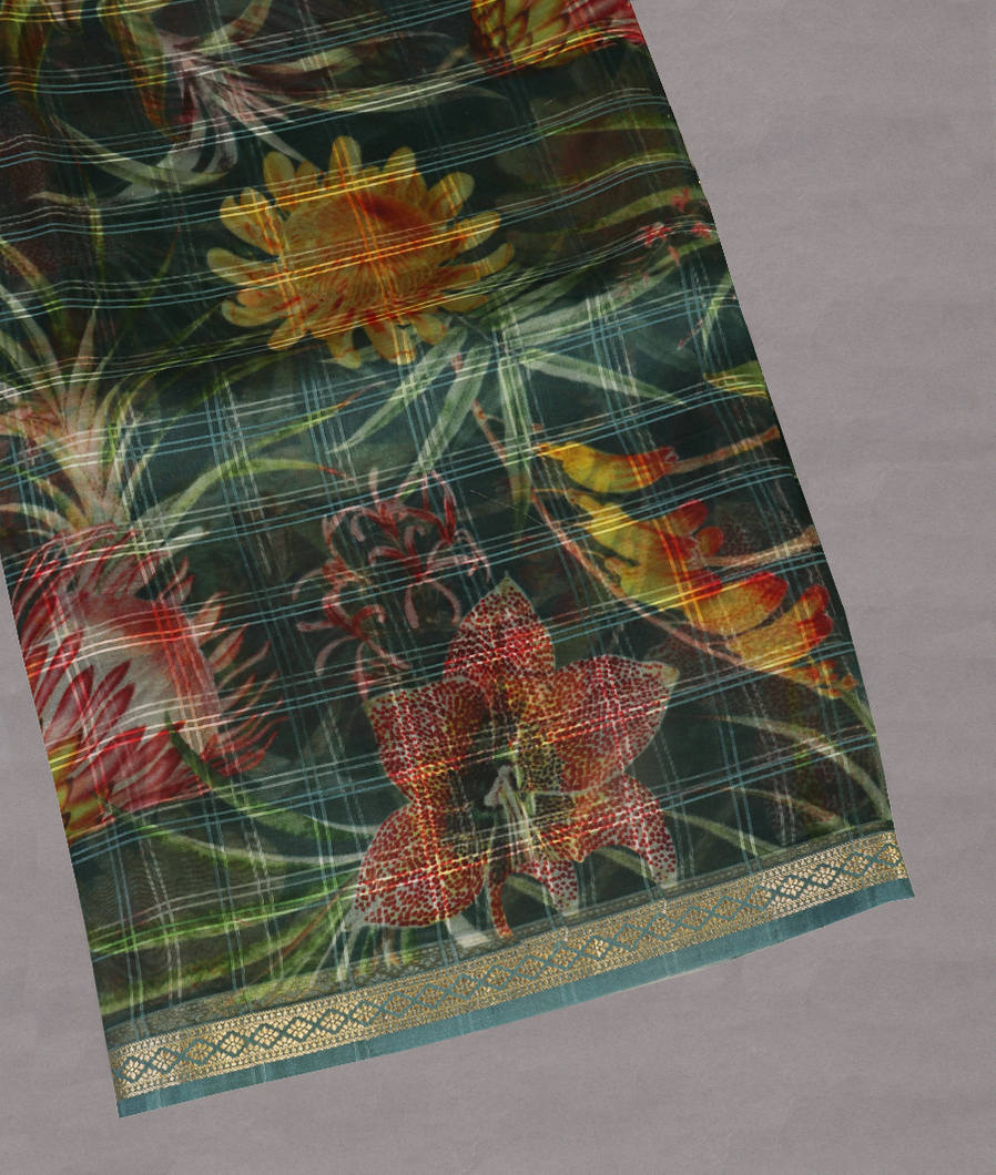 Bluish Green Kora Organza Printed Saree T442079-image