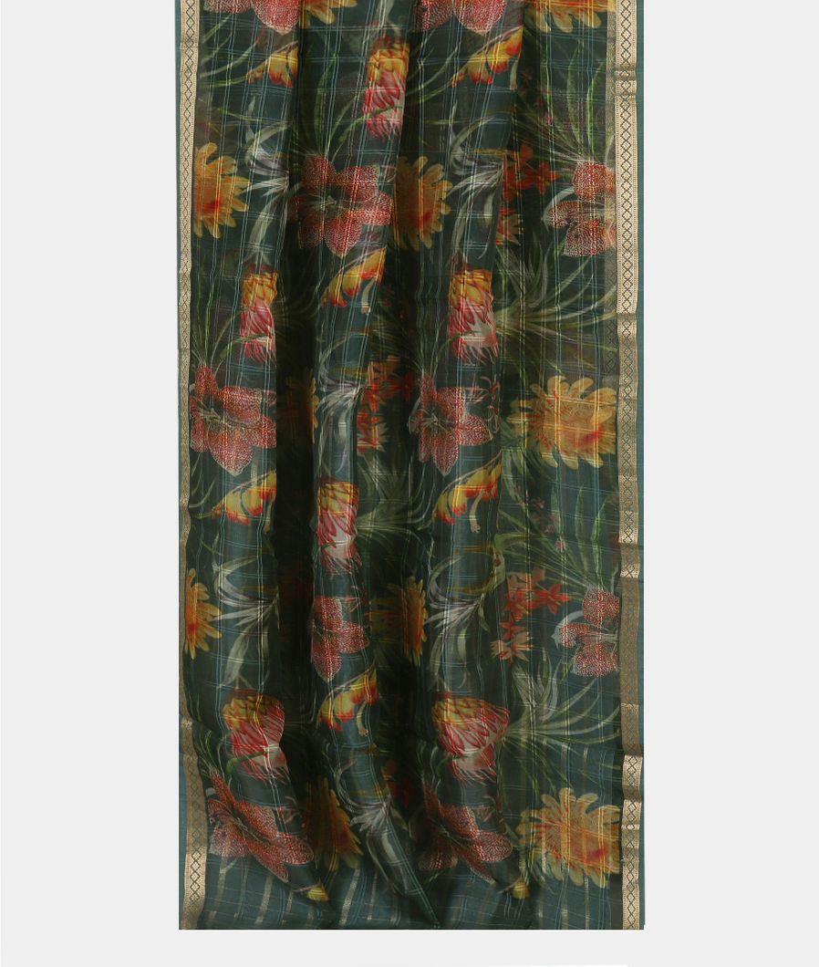 Bluish Green Kora Organza Printed Saree T4420792