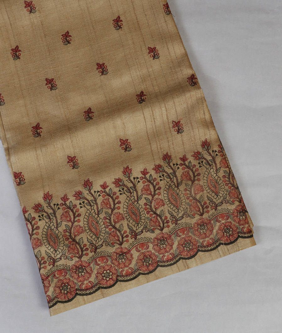 Greenish Beige Tussar Embroidery Saree T430475-image