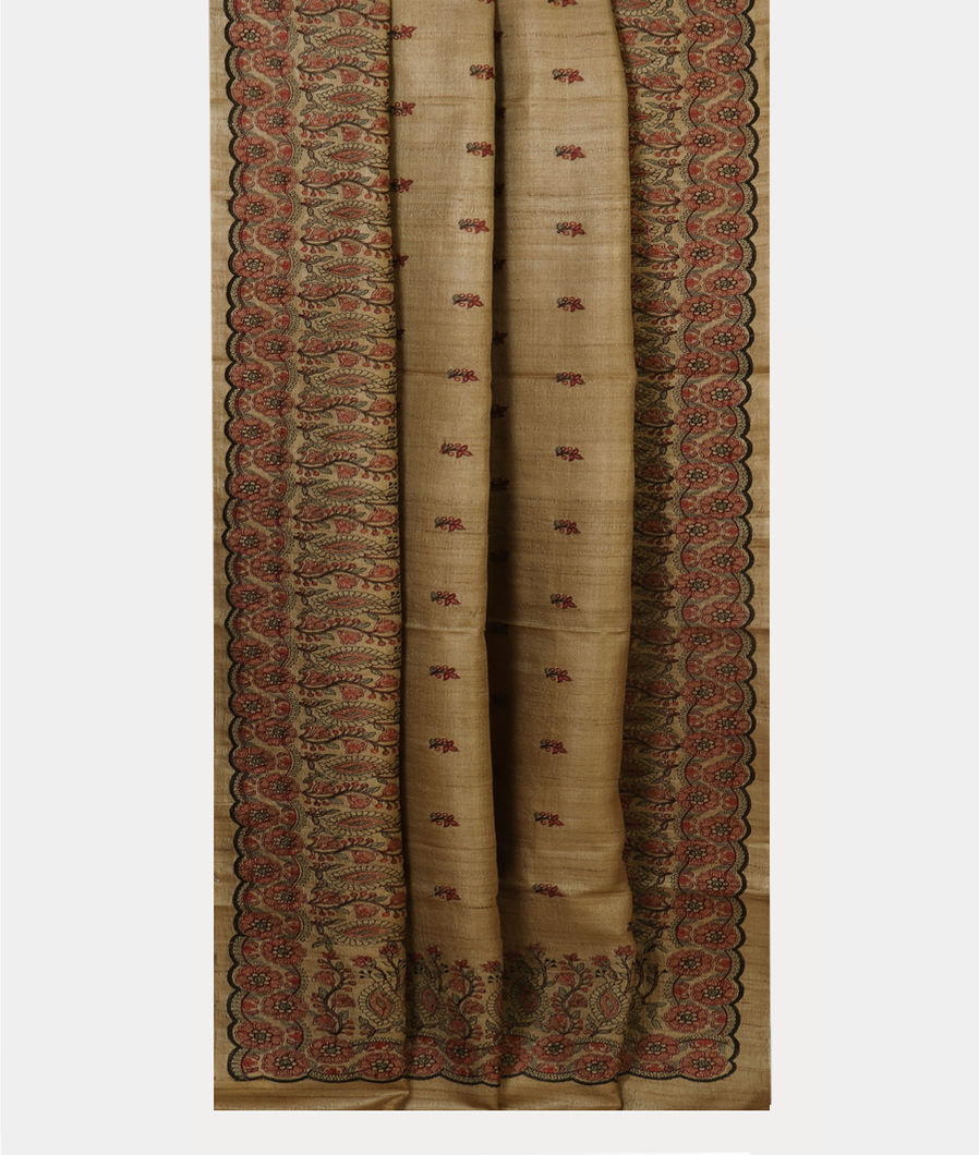 Greenish Beige Tussar Embroidery Saree T4304752