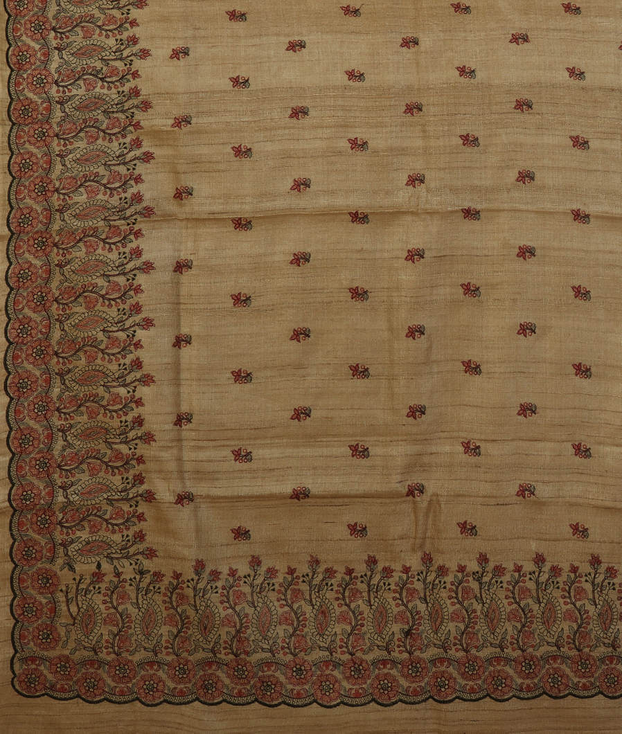 Greenish Beige Tussar Embroidery Saree T4304754