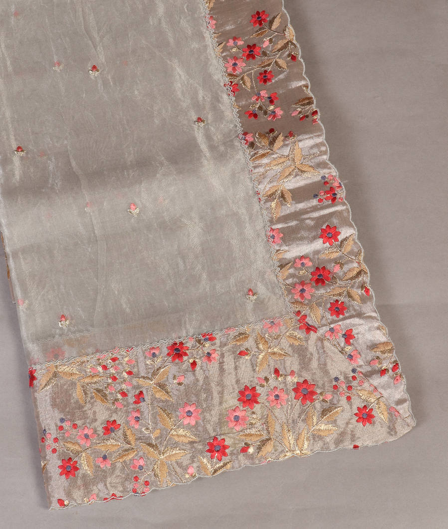 Silver Kora Tissue Organza Embroidery Saree T432621-image