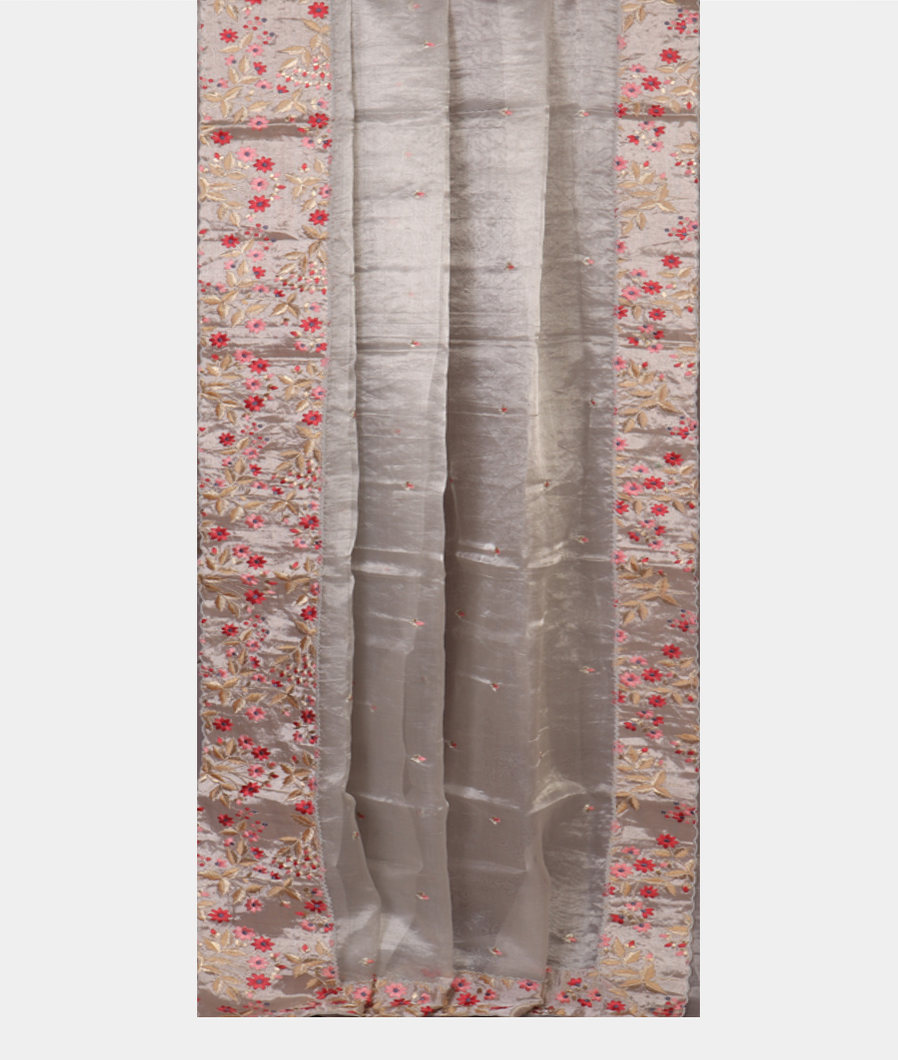 Silver Kora Tissue Organza Embroidery Saree T4326212