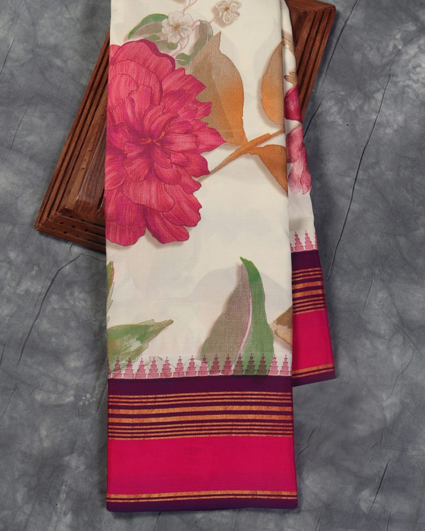 White Printed Soft Silk Saree T444450-image