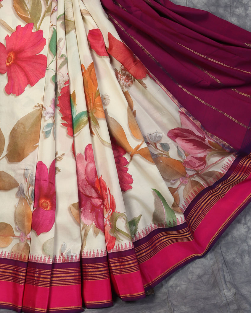 White Printed Soft Silk Saree T4444502