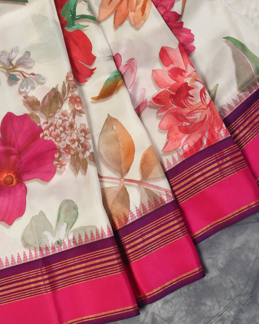 White Printed Soft Silk Saree T4444504