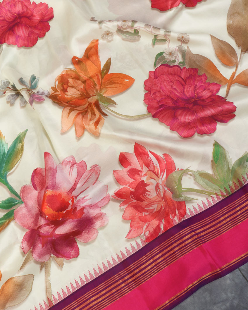 White Printed Soft Silk Saree T4444505