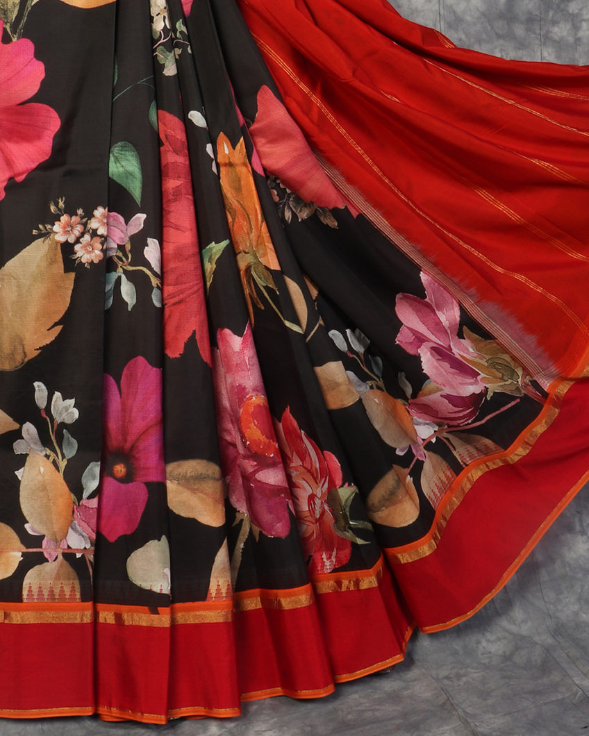 Black Printed Soft Silk Saree T4444422