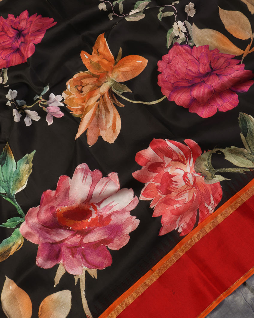 Black Printed Soft Silk Saree T4444425