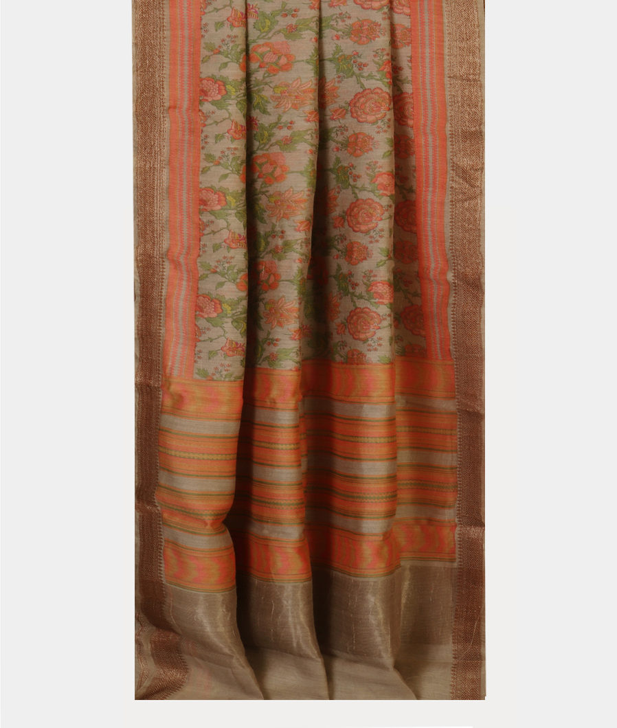 Grey Tussar Printed Saree T4302622