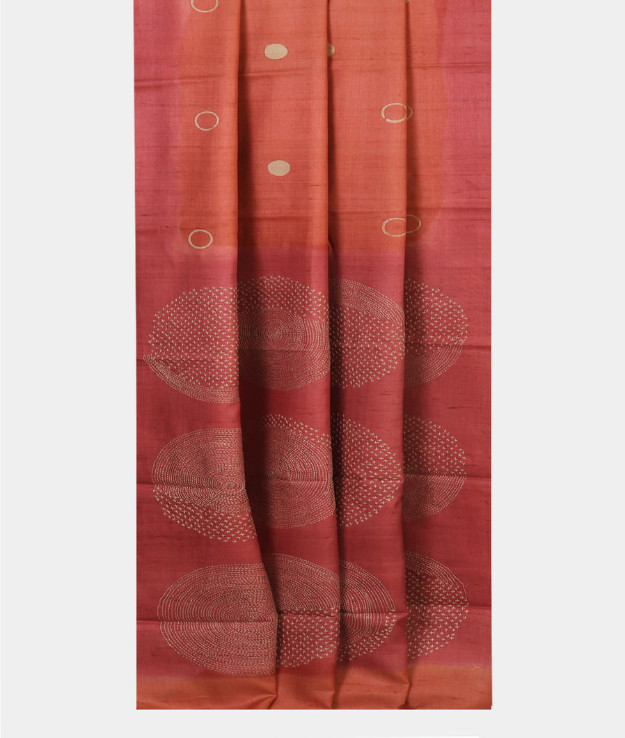 Orangish Pink Tussar Printed Saree T4431372