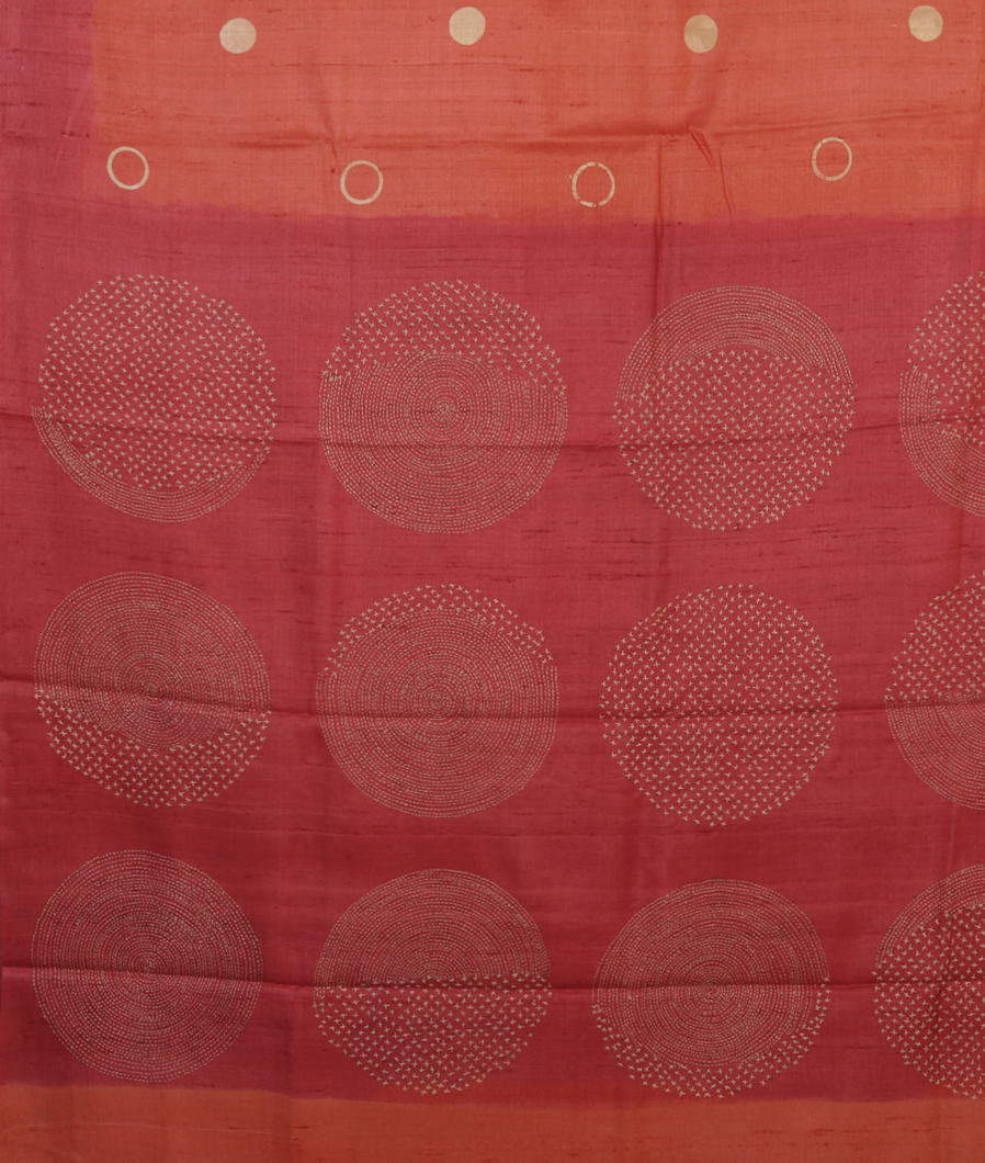 Orangish Pink Tussar Printed Saree T4431374
