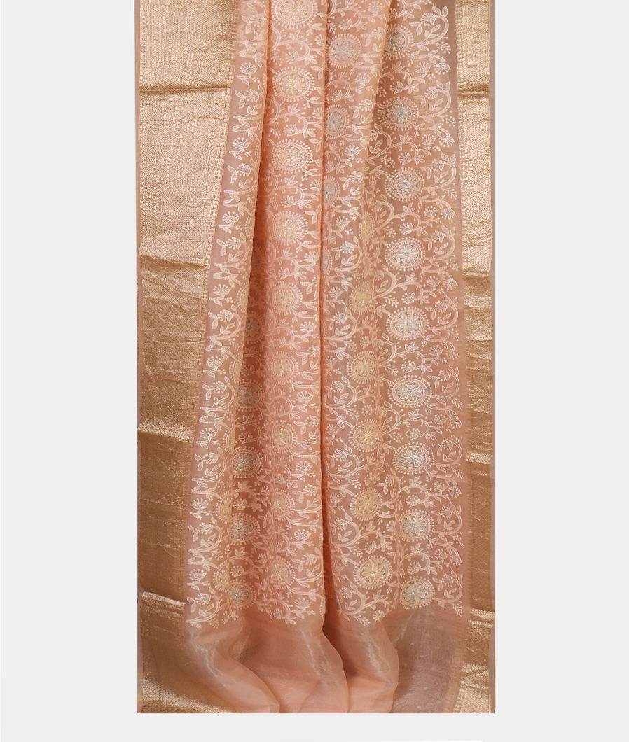 Peach Kora Organza Embroidery Saree T4411842