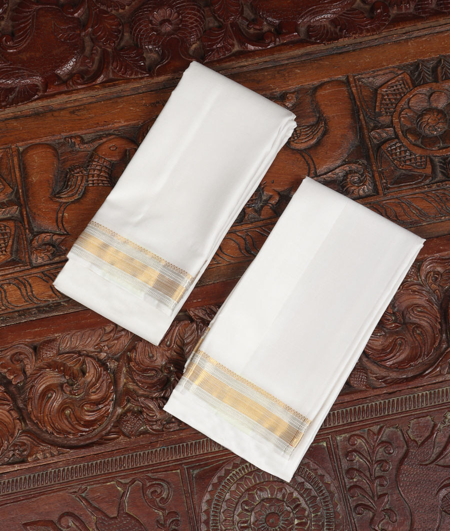 White Handwoven Kanjivaram Silk Dhoti and Vastharam T440734-image