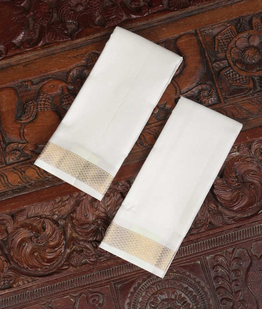 White Handwoven Kanjivaram Silk Dhoti and Vastharam T405368-image