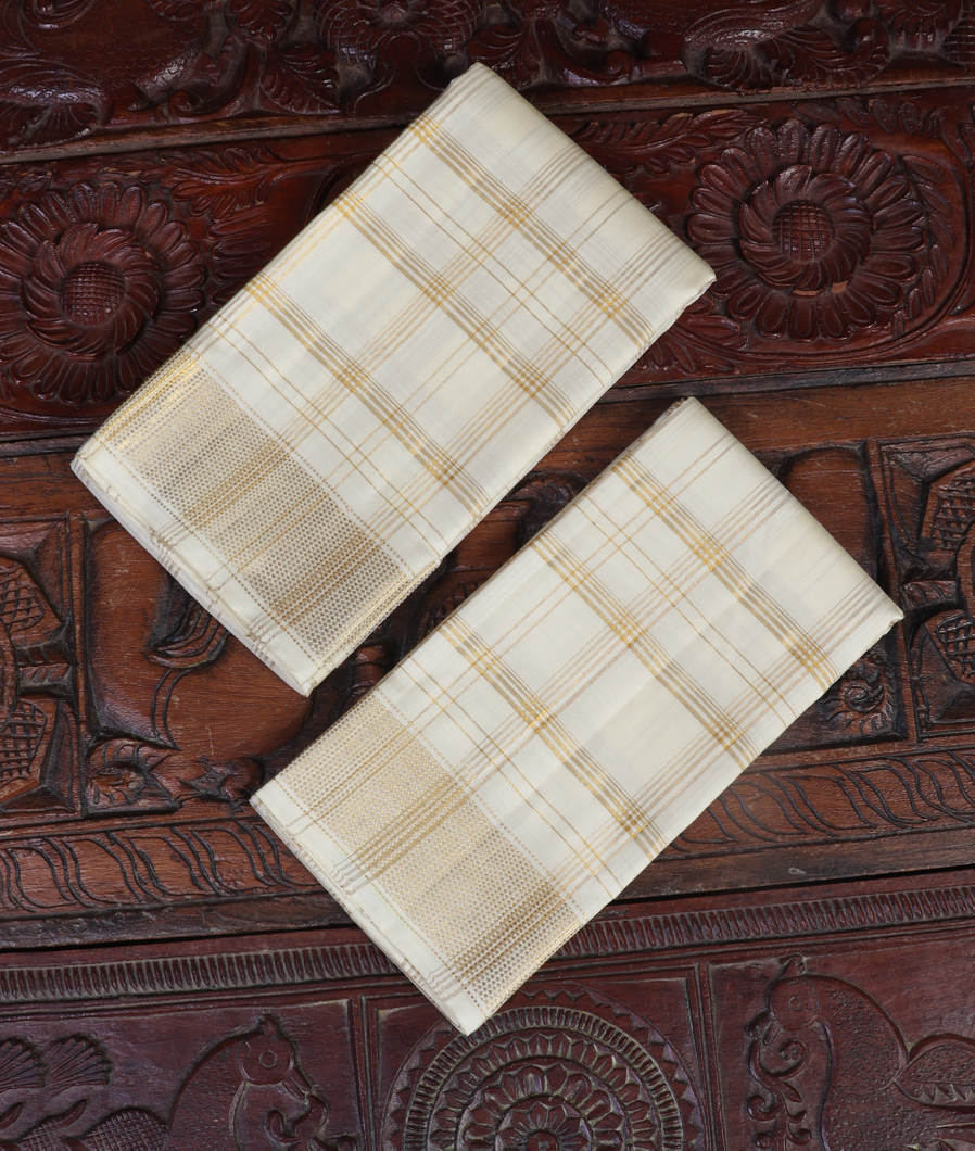 Off-White Handwoven Kanjivaram Silk Dhoti and Vastharam T436402-image