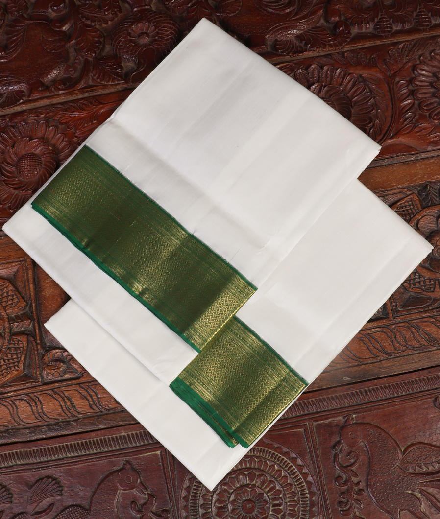 White Handwoven Kanjivaram Silk Dhoti and Vastharam T439346-image